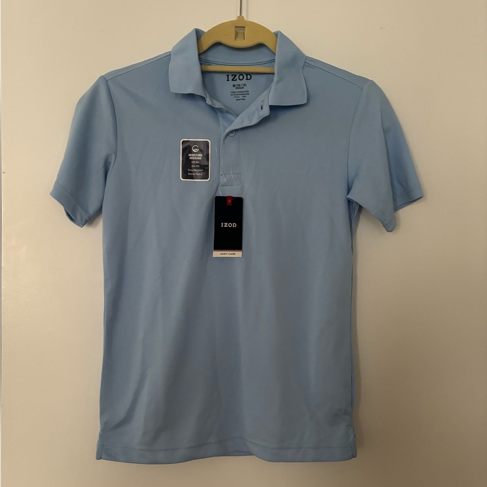 NWT IZOD Boy's Moisture Wicking Short Sleeve Polo Shirt Light Blue, Size M 10/12